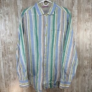 Tommy Bahama Mens Large Linen Striped Button Down Shirt Long Sleeve Casual‎